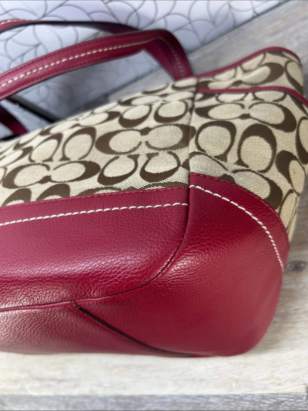 Coach Signature Canvas Tote with Red Leather Trim